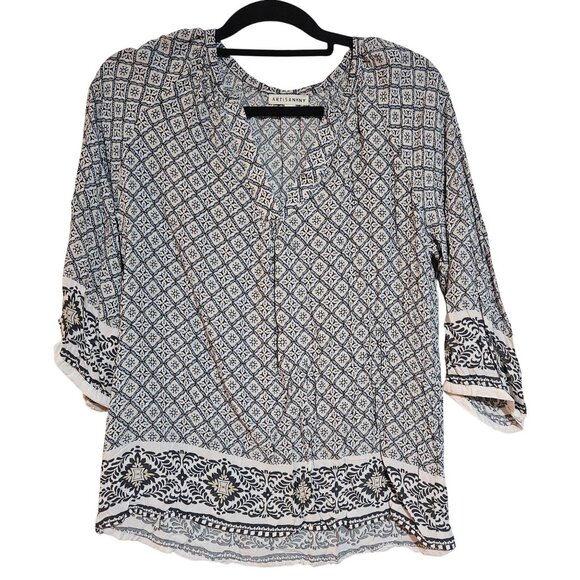 Artisan Ny Womens 3/4 Sleeve Boho Printed Blouse M 100% Rayon Blue & White - Picture 1 of 12